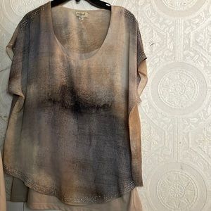 One World Tan/Brown Blouse W/Build in Tank.Embellishments Throughout Blouse.FIRM